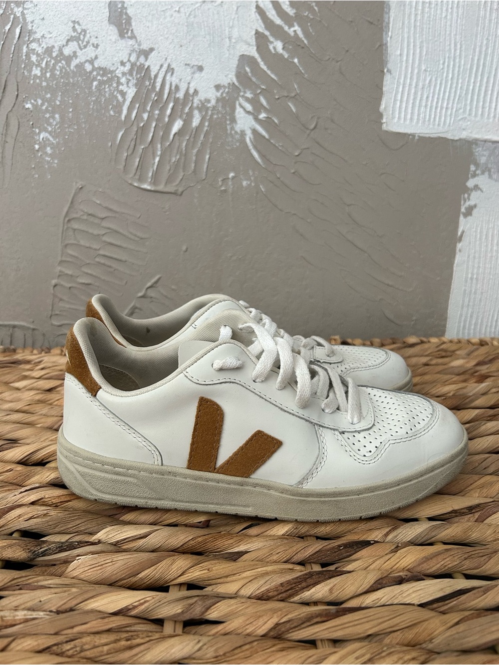 Veja V-10 White Leather Women's Sneakers with Camel Color Accent